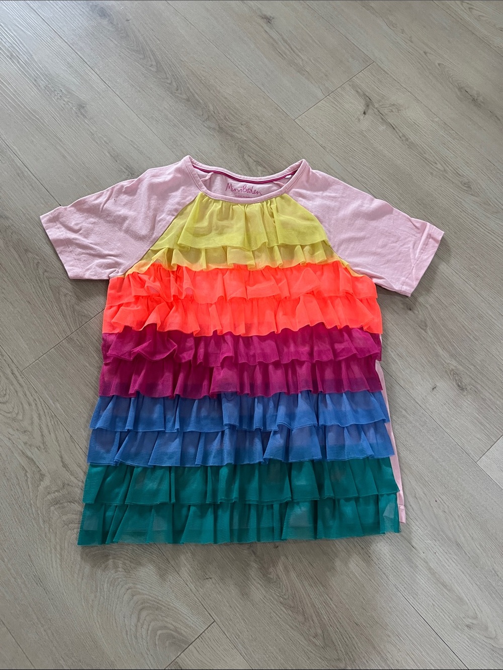 Mini Boden Pink Tee with Rainbow Ruffle Front